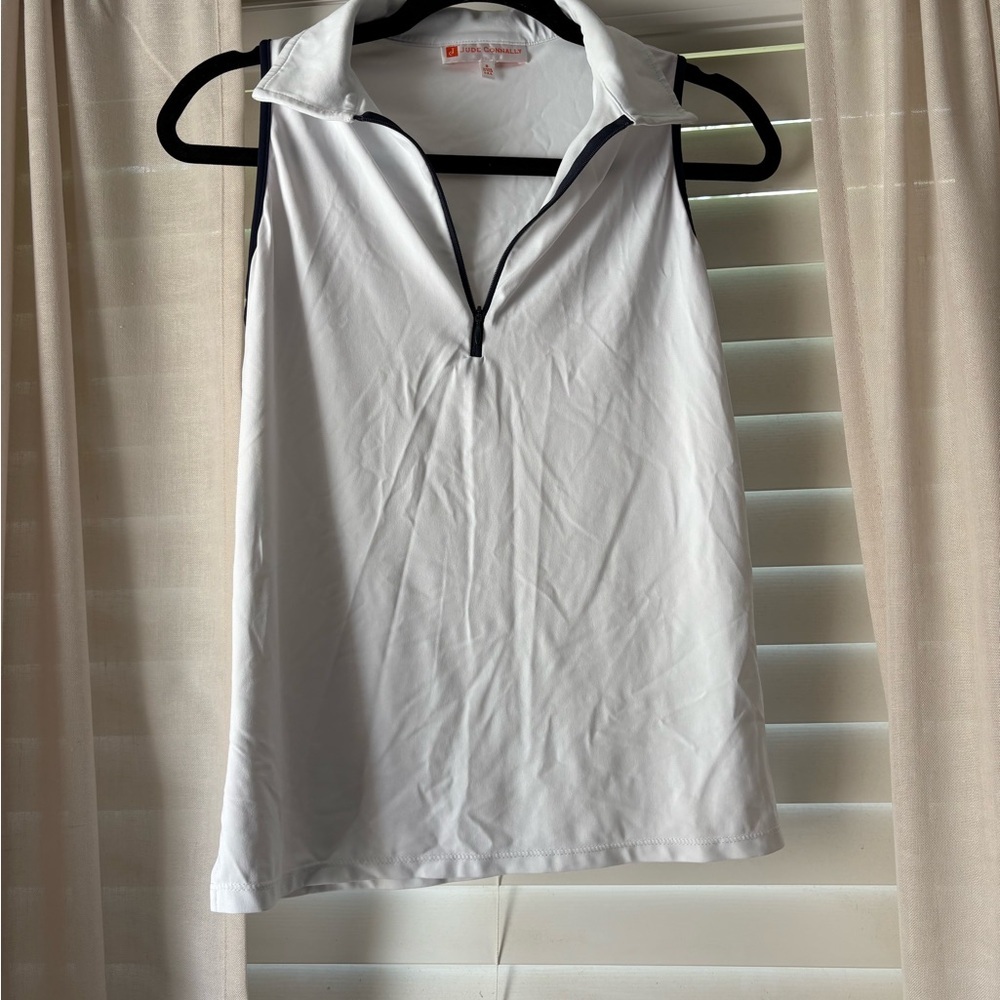 Jude Connally Sleeveless Zip Polo Top White Navy Trim Size Small Made in USA